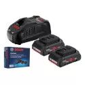 Charger Plus Baterai 18V 4.0Ah  2 Pcs Bosch Bosch ProCore Starter Kit menyediakan daya 18V 4.0Ah yang andal dengan pengisi daya cepat untuk produktivitas tanpa henti di lokasi kerja.